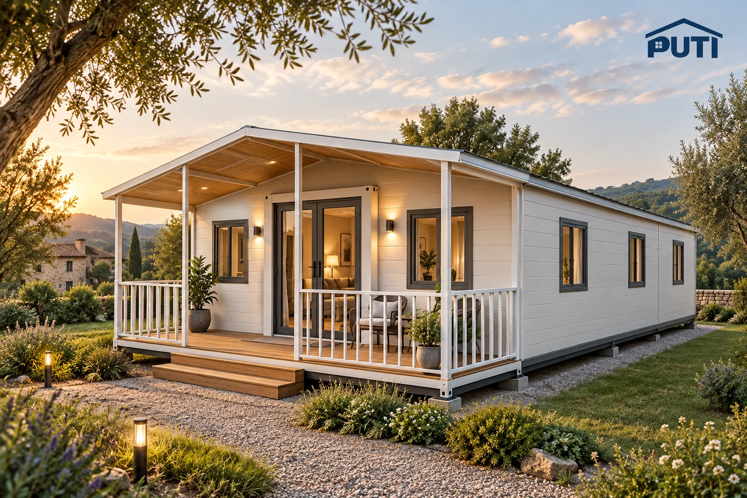 30 ft expandable home concept with white gable roof, covered terrace and three long-side windows